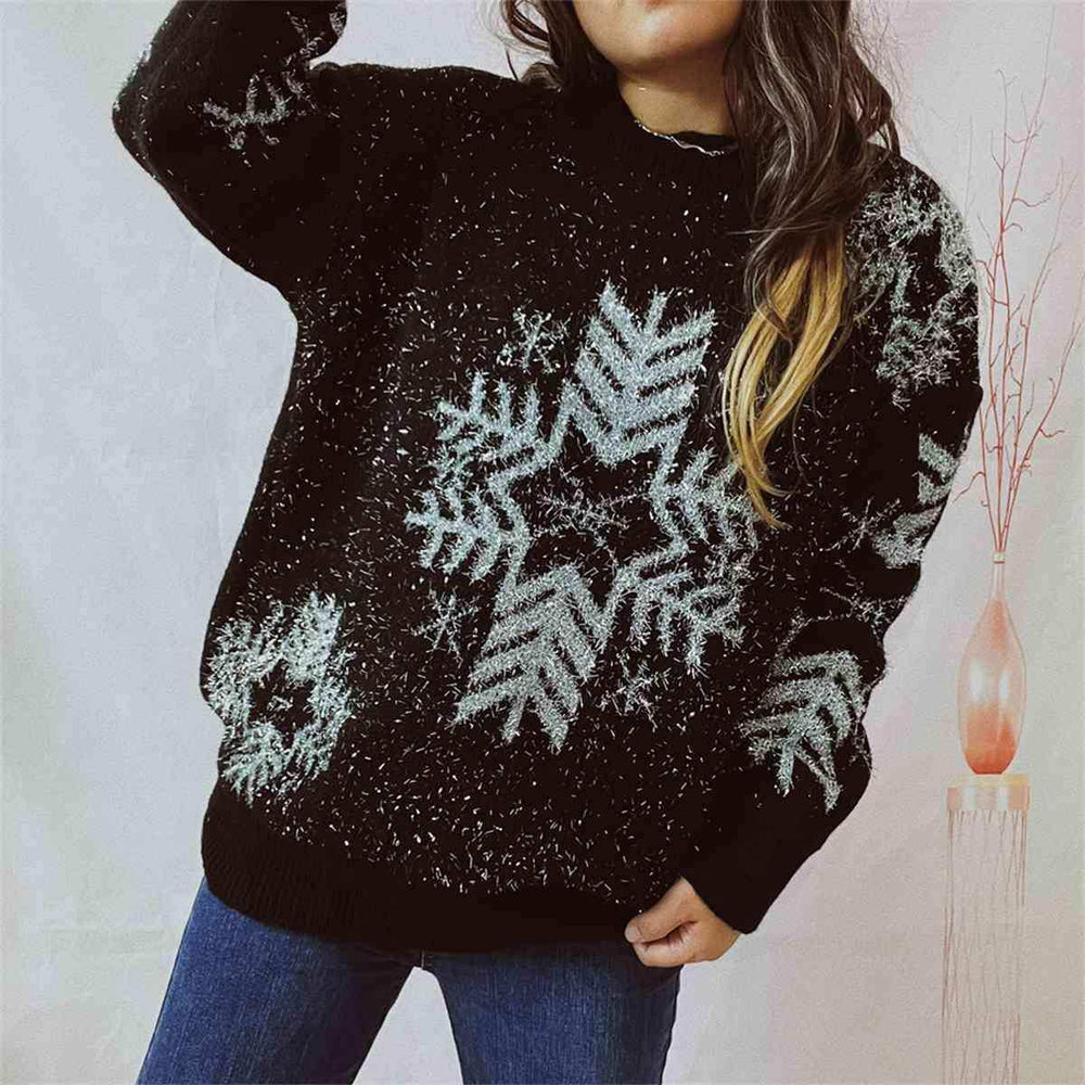 Snowflake Pattern Long Sleeve Sweater - Trendsi - Flyclothing LLC