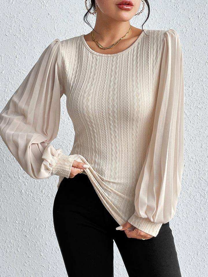 Pleated Puff Sleeve Round Neck Blouse - Trendsi - Flyclothing LLC