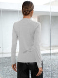 Striped Buttoned V-Neck Long Sleeve Top - Trendsi - Flyclothing LLC