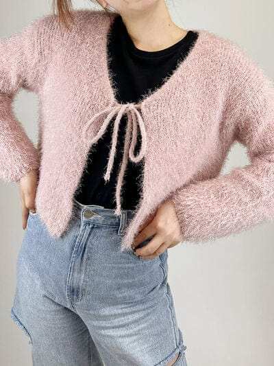 Tied Open Front Dropped Shoulder Cardigan - Trendsi - Flyclothing LLC