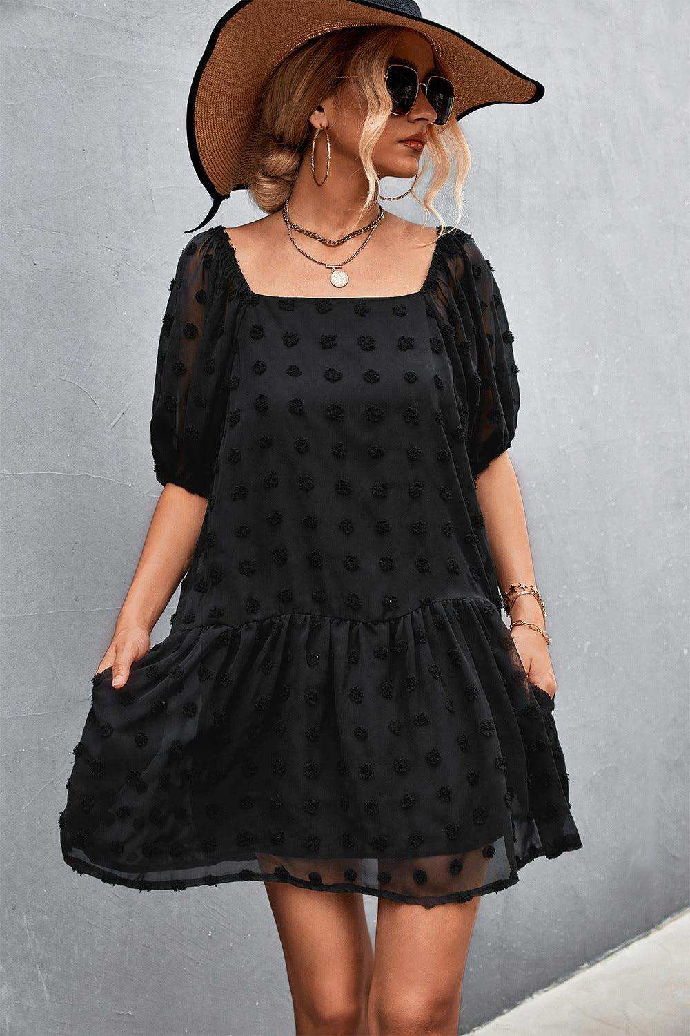 Swiss Dot Square Neck Half Balloon Sleeve Dress - Trendsi - Flyclothing LLC