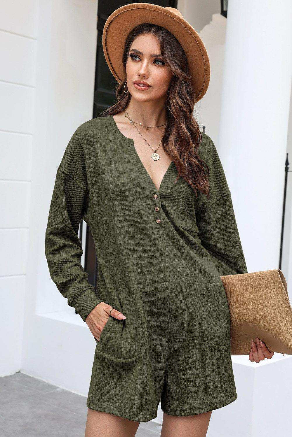Notched Neck Long Sleeve Romper - Trendsi - Flyclothing LLC