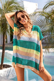 Openwork Striped V-Neck Short Sleeve Cover Up - Trendsi - Flyclothing LLC