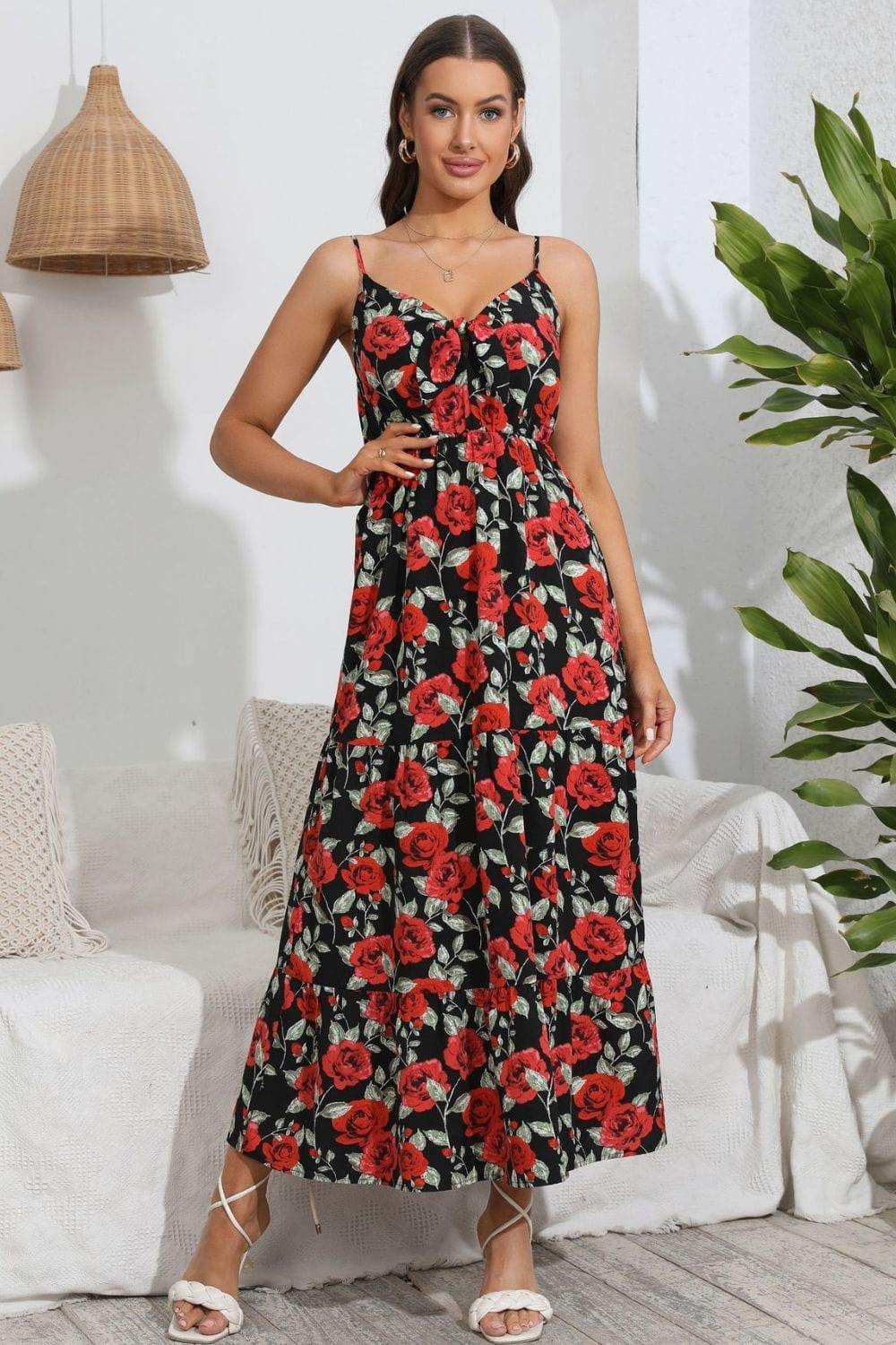 Rose Print Spaghetti Strap Sweetheart Neck Dress - Trendsi - Flyclothing LLC