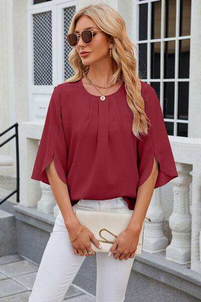 Round Neck Slit Half Sleeve Top - Trendsi - Flyclothing LLC