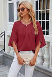 Round Neck Slit Half Sleeve Top - Trendsi - Flyclothing LLC