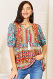 Double Take Bohemian Tassel Tie Puff Sleeve Babydoll Blouse - Trendsi - Flyclothing LLC