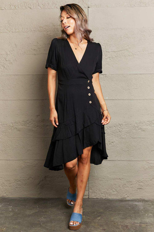 Decorative Button Surplice Ruffle Hem Dress - Trendsi - Flyclothing LLC