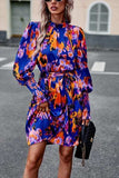 Printed Tie Waist Mock Neck Lantern Sleeve Dress - Trendsi - Flyclothing LLC