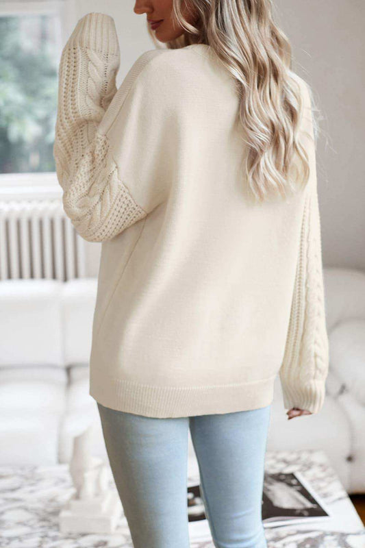 Cable-Knit Round Neck Drop Shoulder Sweater - Trendsi - Flyclothing LLC