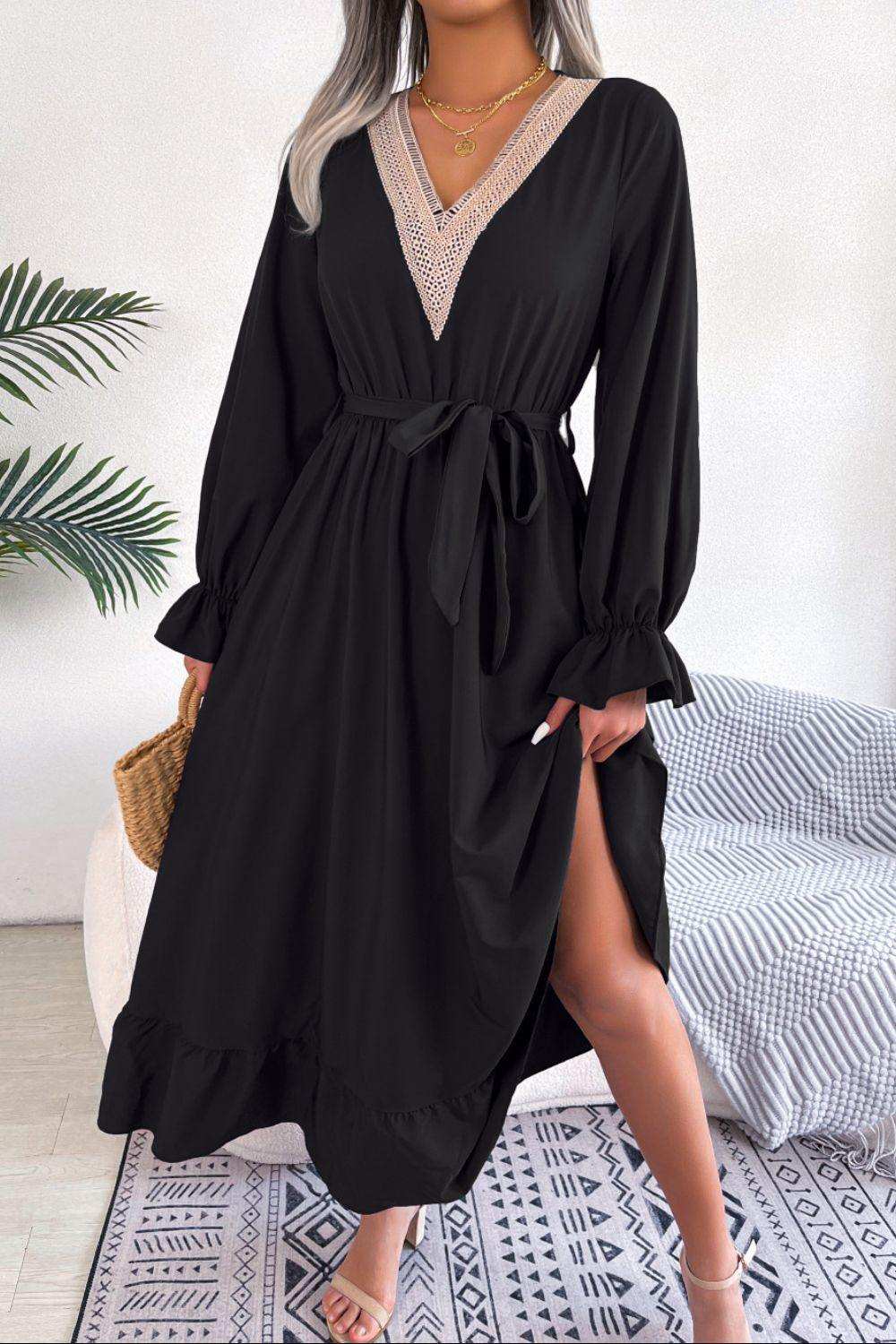 Contrast Belted Flounce Sleeve Dress - Trendsi - Flyclothing LLC