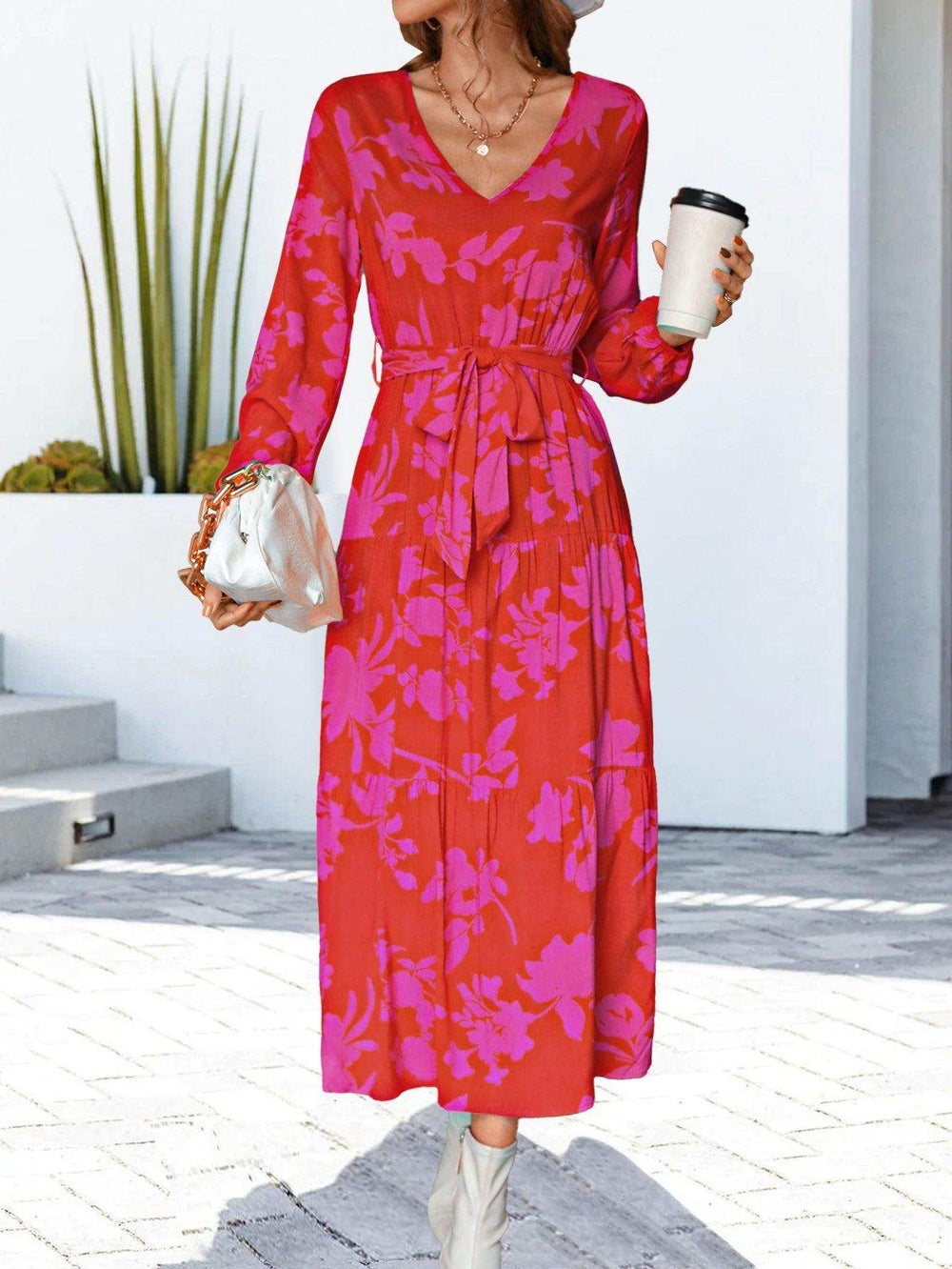 Floral V-Neck Long Sleeve Dress - Trendsi - Flyclothing LLC