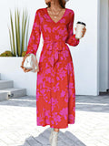 Floral V-Neck Long Sleeve Dress - Trendsi - Flyclothing LLC