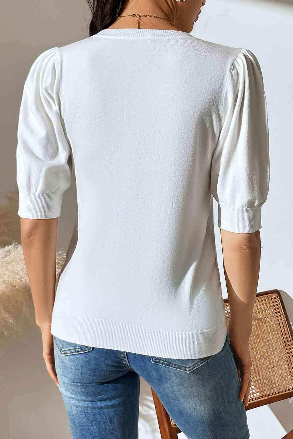 Round Neck Puff Sleeve Knit Top - Trendsi - Flyclothing LLC