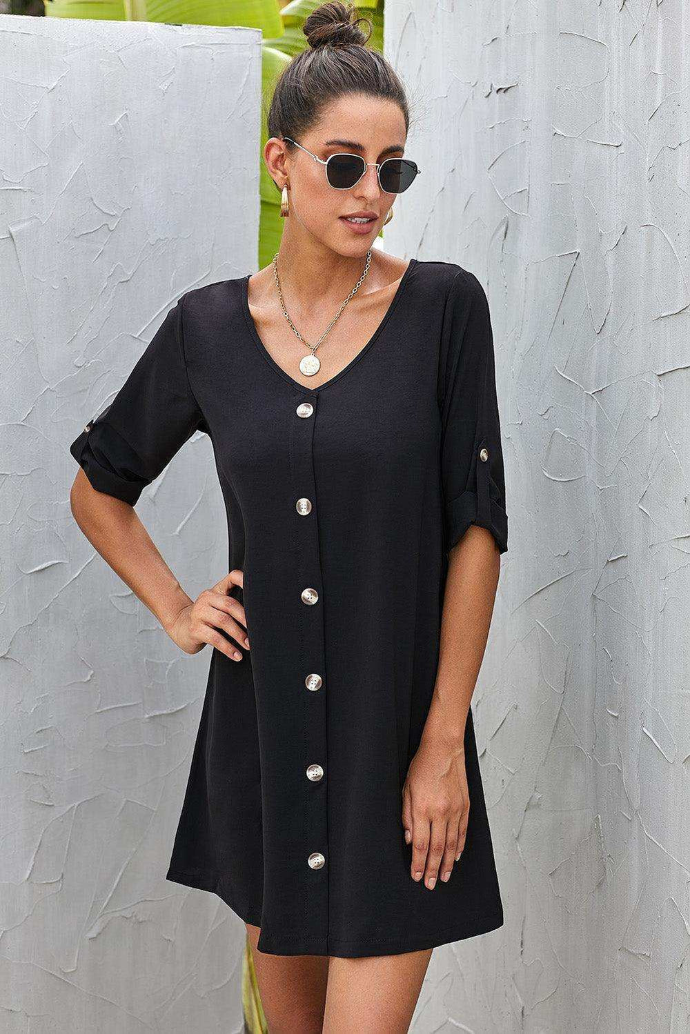 Buttoned V-Neck Dress - Trendsi - Flyclothing LLC