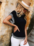 Contrast Round Neck Short Sleeve Knit Top - Trendsi - Flyclothing LLC