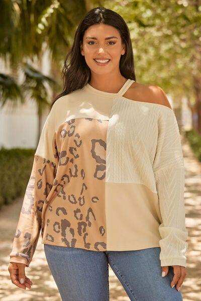 Plus Size Leopard Color Block Long Sleeve T-Shirt - Trendsi - Flyclothing LLC