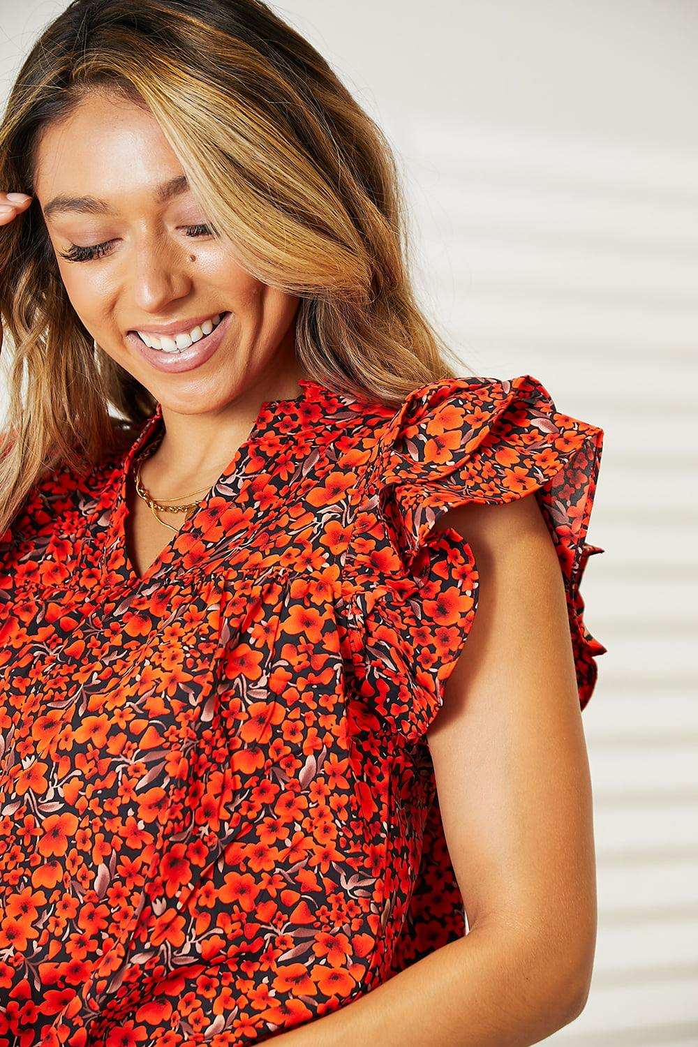 Double Take Floral Flutter Sleeve Notched Neck Blouse - Trendsi - Flyclothing LLC