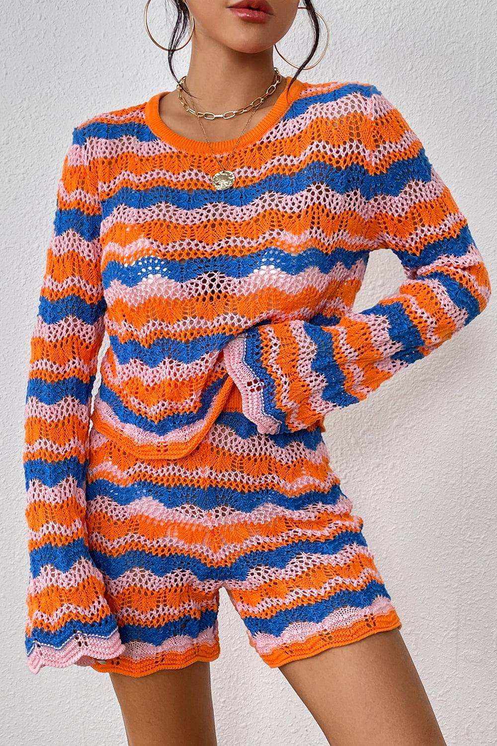 Striped Sweater and Knit Shorts Set - Trendsi - Flyclothing LLC