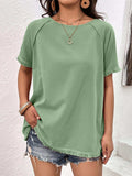 Round Neck Raglan Sleeve Fringe Detail Top - Trendsi - Flyclothing LLC