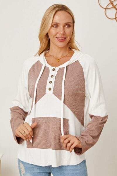 Color Block Drawstring Half Button Hoodie - Trendsi - Flyclothing LLC