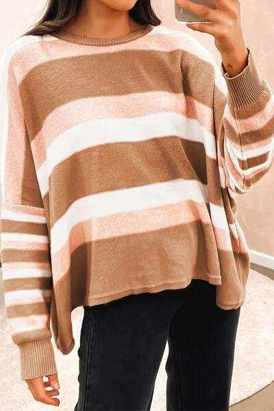 Striped Round Neck Long Sleeve Sweater - Trendsi - Flyclothing LLC