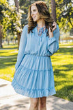 Frill Tie Neck Balloon Sleeve Dress - Trendsi - Flyclothing LLC