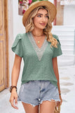 Eyelet V-Neck Petal Sleeve T-Shirt - Trendsi - Flyclothing LLC