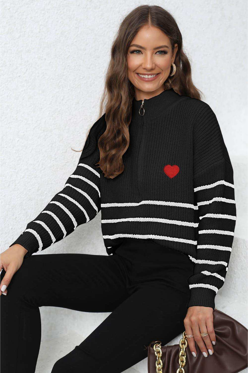 Striped Zip-Up Long Sleeve Ribbed Sweater - Trendsi - Flyclothing LLC