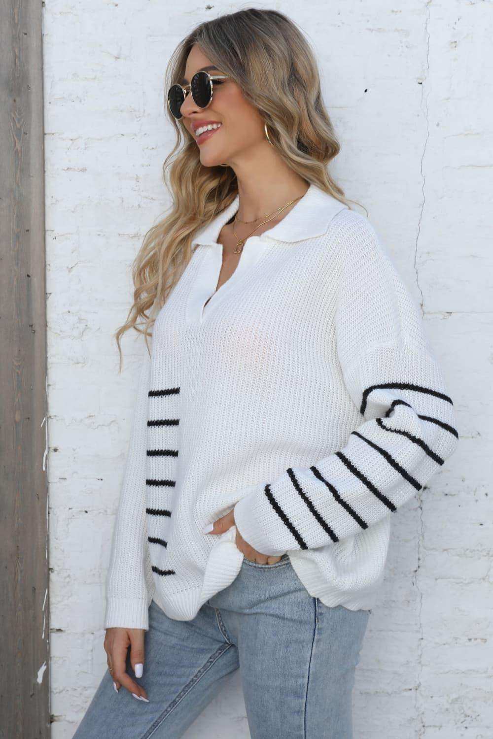 Ribbed Notched Neck Striped Long Sleeve Sweater - Trendsi - Flyclothing LLC