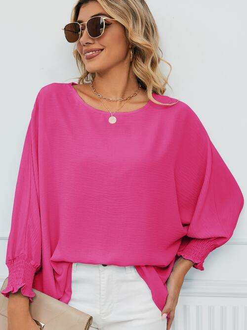 Smocked Lantern Sleeve Round Neck Blouse - Trendsi - Flyclothing LLC