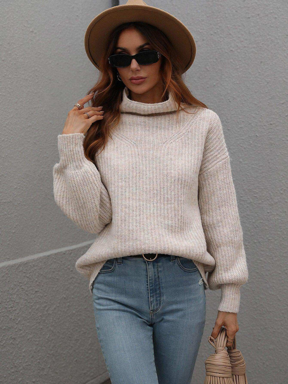 High Neck Balloon Sleeve Rib-Knit Pullover Sweater - Trendsi - Flyclothing LLC