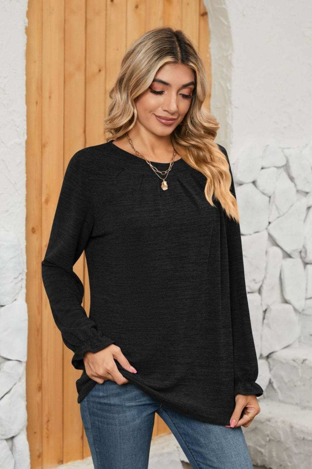 Ruched Round Neck Flounce Sleeve T-Shirt - Trendsi - Flyclothing LLC
