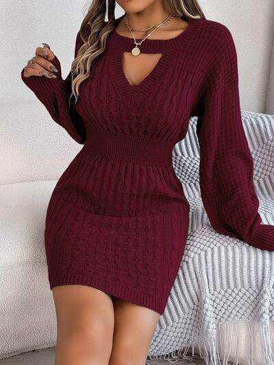 Cable-Knit Cutout Round Neck Slit Sweater - Trendsi - Flyclothing LLC