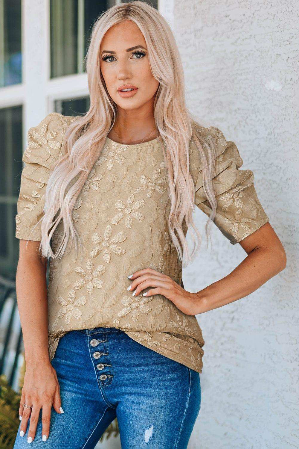 Puff Sleeve Round Neck Blouse - Trendsi - Flyclothing LLC