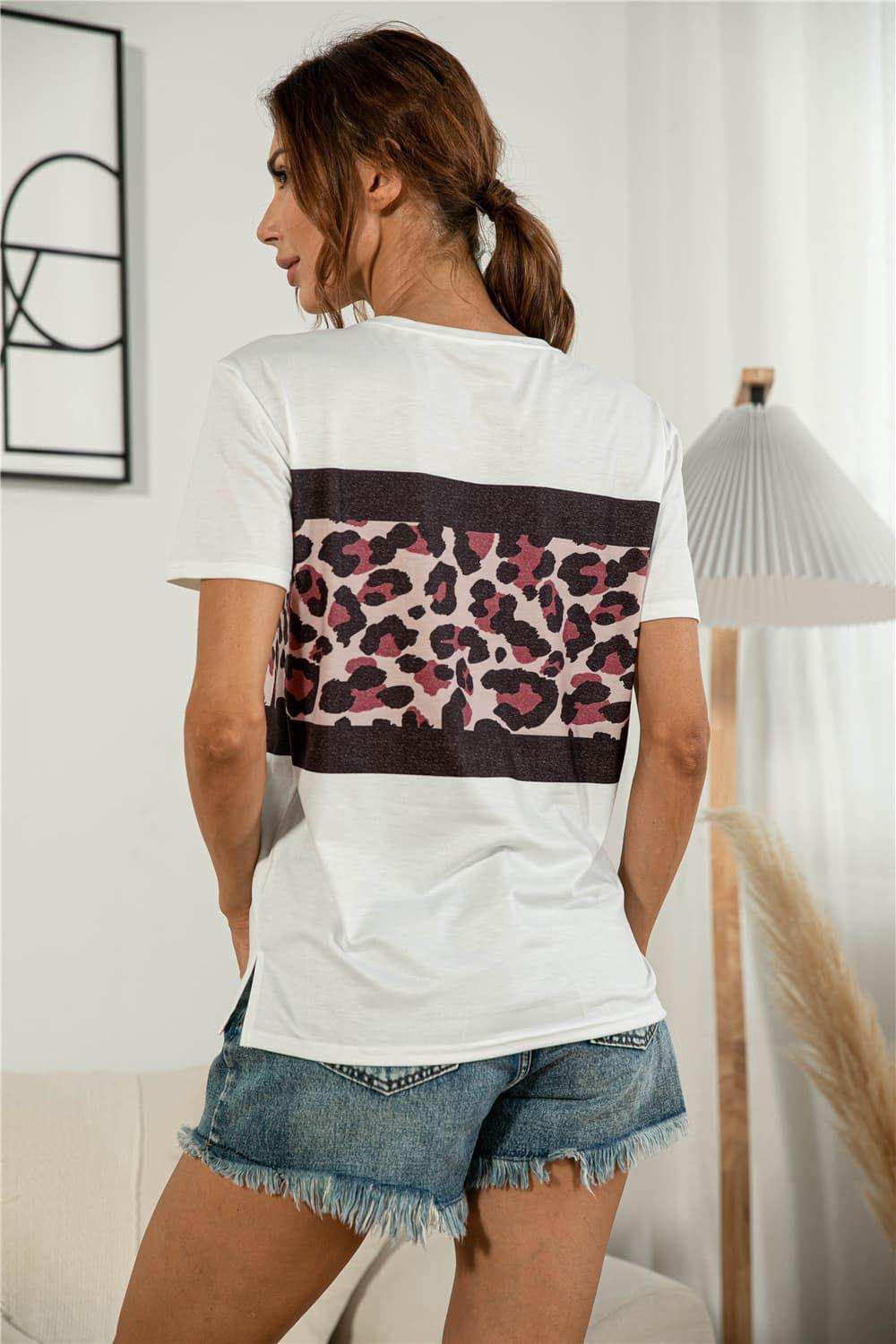 Leopard Color Block Side Slit Tee - Trendsi - Flyclothing LLC
