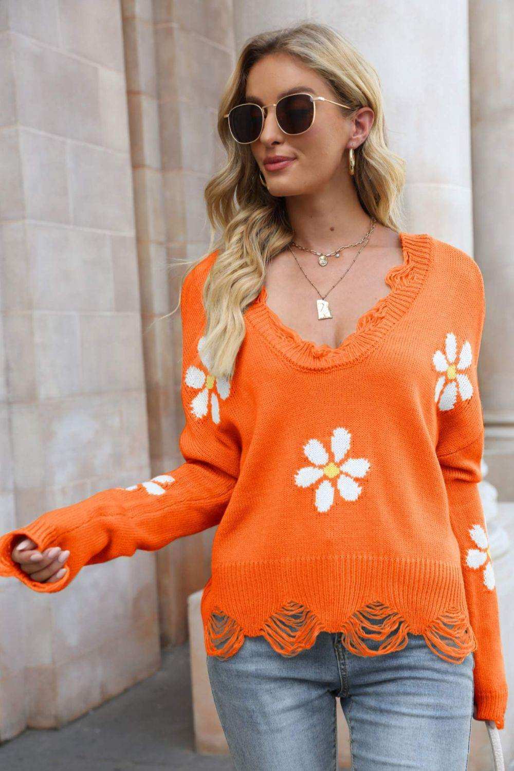 Flower Distressed Ribbed Trim Sweater - Trendsi - Flyclothing LLC