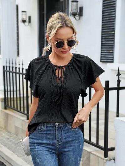 Eyelet Tie Neck Flutter Sleeve Blouse - Trendsi - Flyclothing LLC