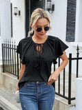 Eyelet Tie Neck Flutter Sleeve Blouse - Trendsi - Flyclothing LLC