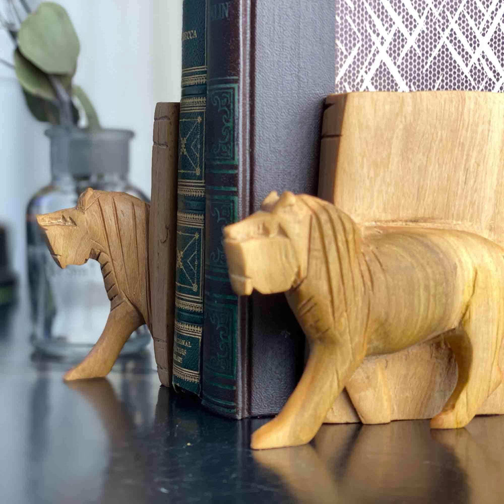Carved Wood Lion Book Ends, Set of 2 - Jedando - Flyclothing LLC