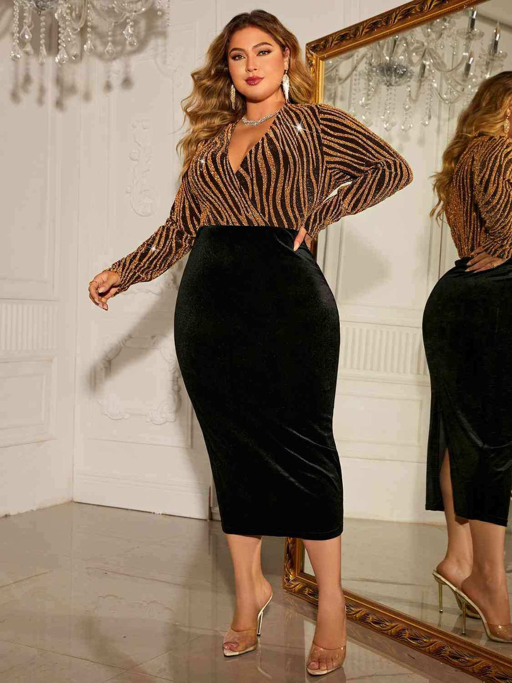 Plus Size Surplice Neck Long Sleeve Slit Dress - Trendsi - Flyclothing LLC