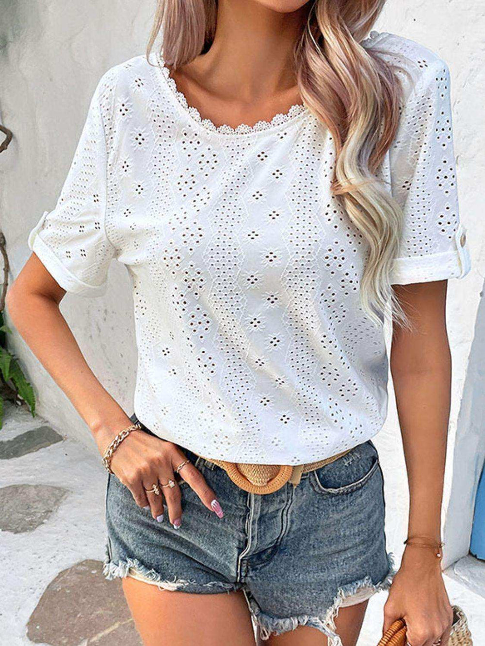 Eyelet Short Sleeve Double-Sided Shirt - Trendsi - Flyclothing LLC
