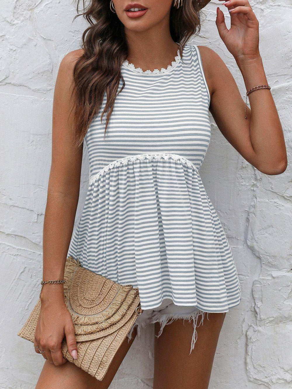 Striped Lace Trim Round Neck Tank - Trendsi - Flyclothing LLC