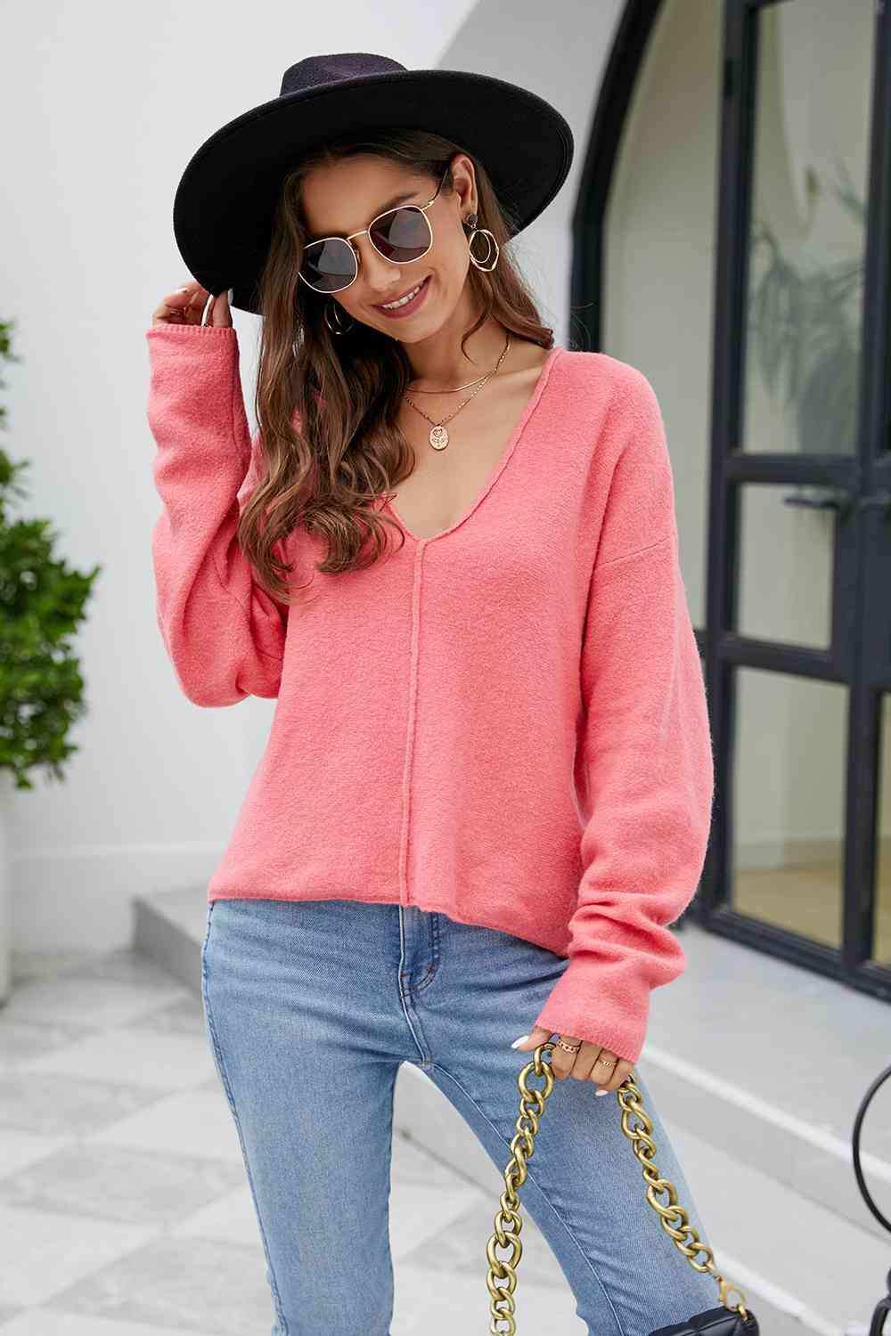 V-Neck Drop Shoulder Long Sleeve Knit Top - Trendsi - Flyclothing LLC