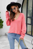 V-Neck Drop Shoulder Long Sleeve Knit Top - Trendsi - Flyclothing LLC