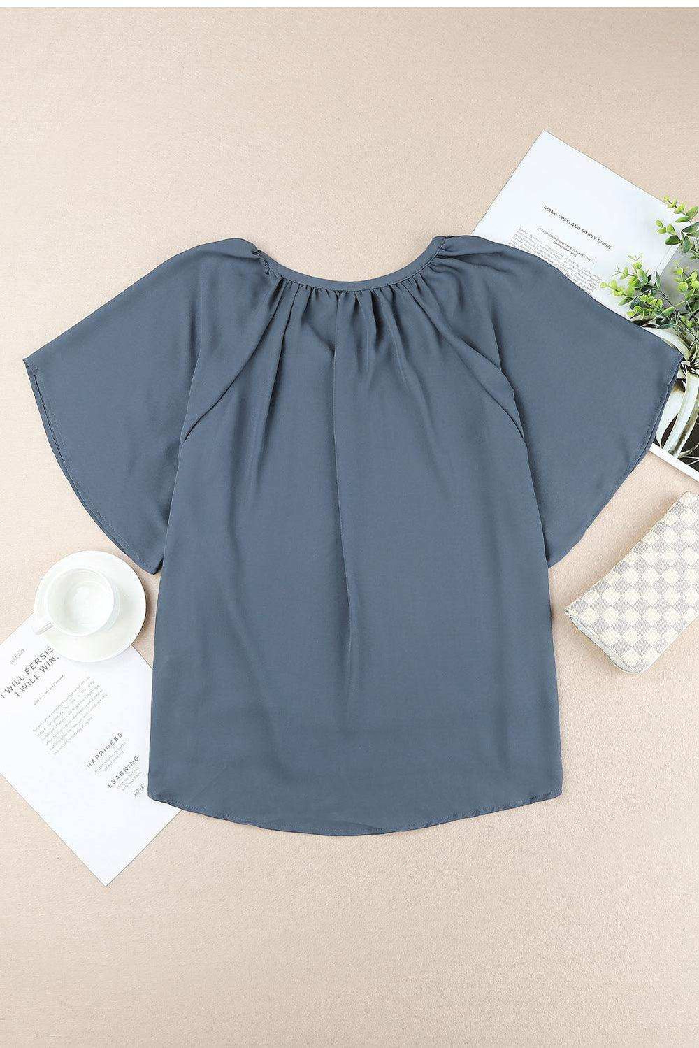 Gathered Detail Notched Neck Flutter Sleeve Top - Trendsi - Flyclothing LLC