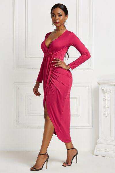 High-low Ruched Surplice Long Sleeve Dress - Trendsi - Flyclothing LLC
