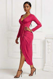High-low Ruched Surplice Long Sleeve Dress - Trendsi - Flyclothing LLC