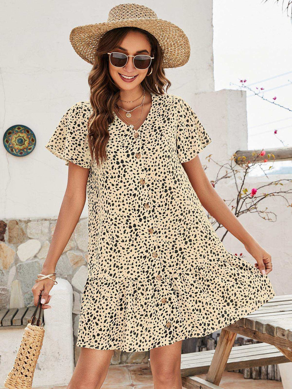 Animal Print Button Front Flutter Sleeve Dress - Trendsi - Flyclothing LLC
