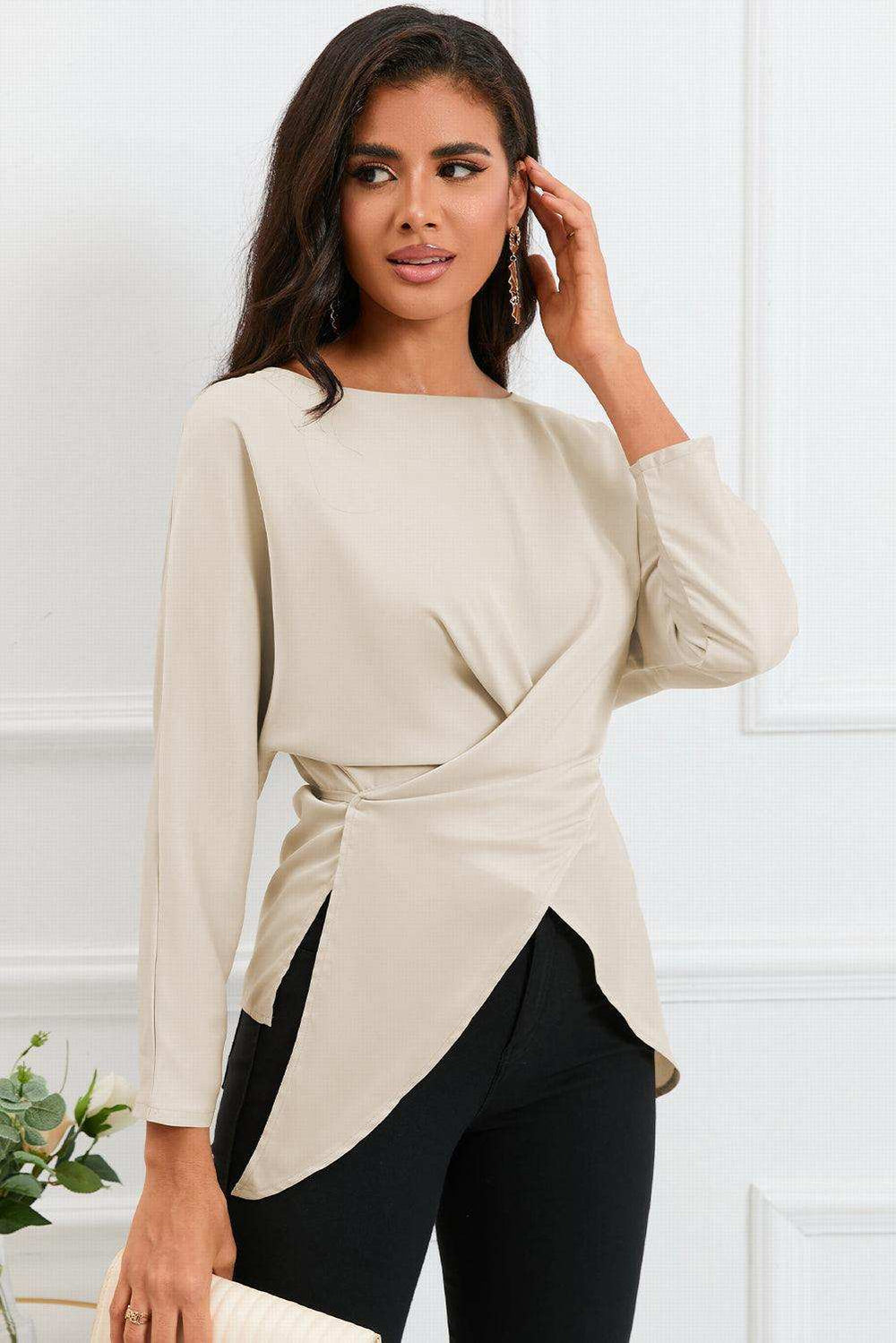 Boat Neck Back Tie Long Sleeve Satin Blouse - Trendsi - Flyclothing LLC